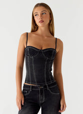 Nathan Denim Corset Top - Washed Black