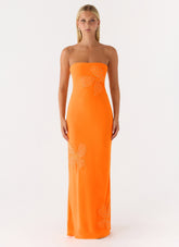 Sassafras Beaded Flower Strapless Maxi Dress - Orange