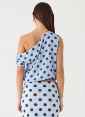Stick Around Top - Blue Mocha Dot