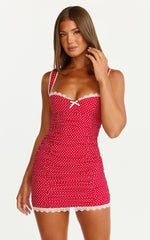 Camille Mini Dress - Bustier Ruched Lace Trim Bodycon Dress in Red