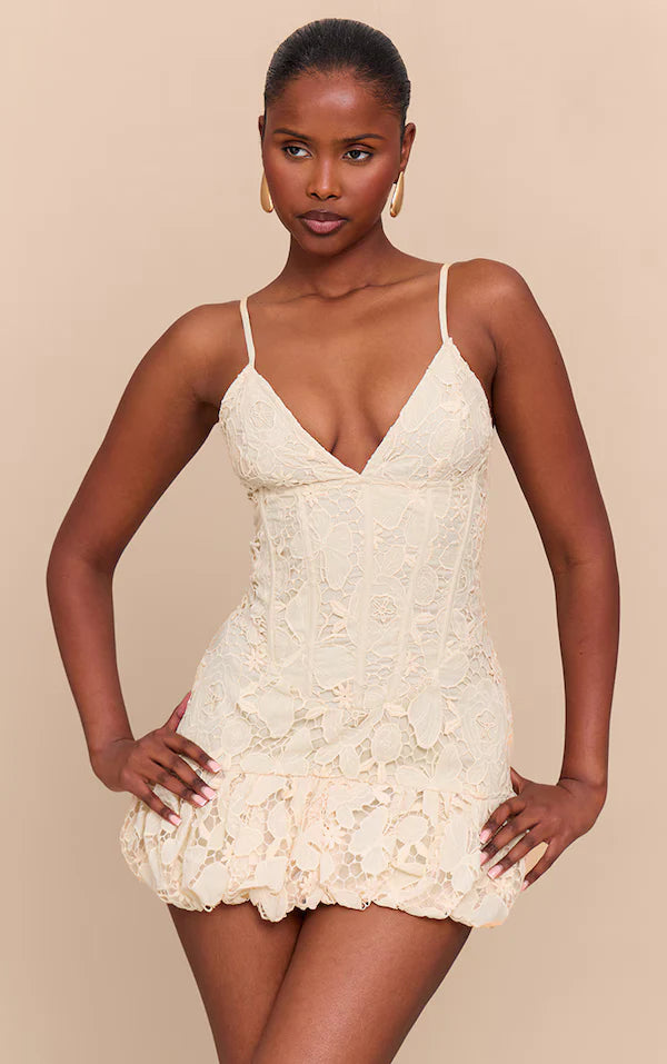 Butter Yellow Floral Cup Detail Extreme Puffball Hem Dress