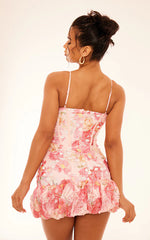 Multi Floral Cup Detail Extreme Puff Ball Hem Mini Dress