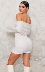 Cream Textured Bardot Flare Long Sleeve Mini Dress