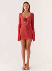 Charis Long Sleeve Crochet Mini Dress - Cherry