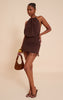 Chocolate Chiffon Halter Neck Ruched Beaded Mini Dress