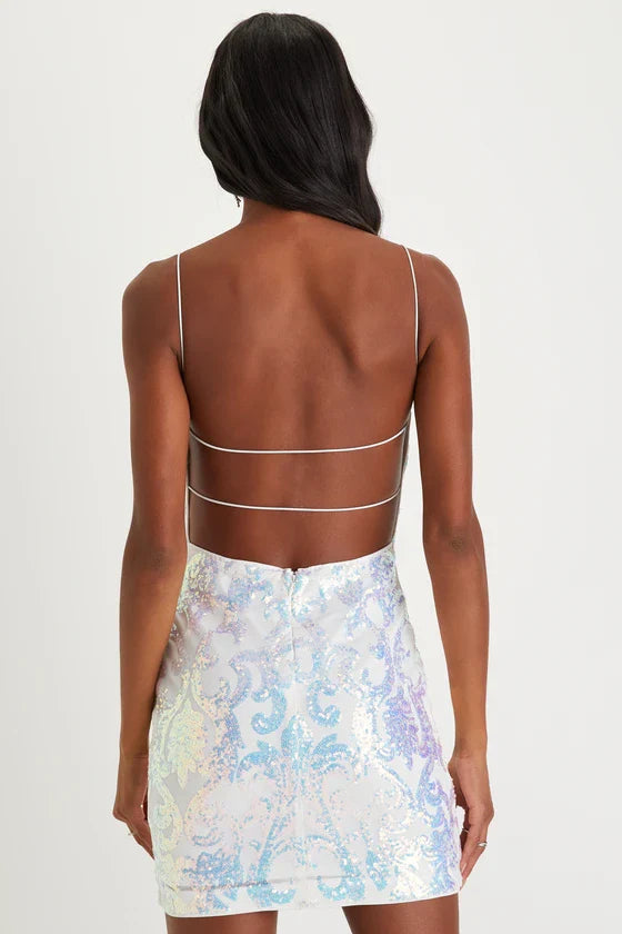 Original Sparkle White Iridescent Sequin Backless Mini Dress