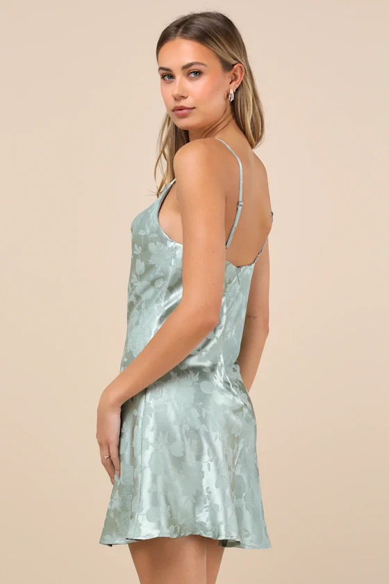 Close to Your Heart Emerald Green Satin Jacquard Cowl Slip Dress